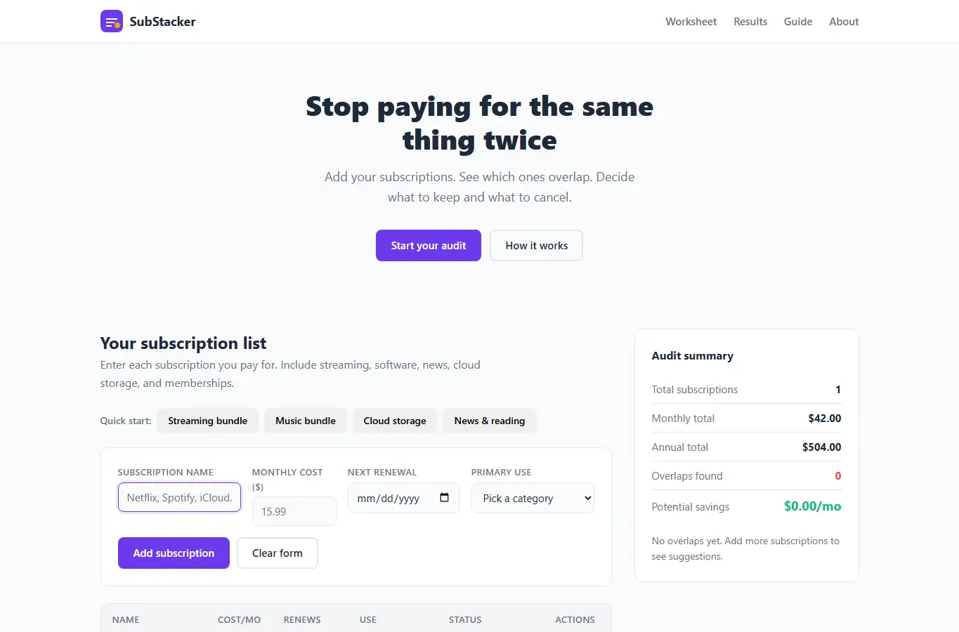 Screenshot of SubStacker: Subscription Overlap Finder interface showing the project page in use